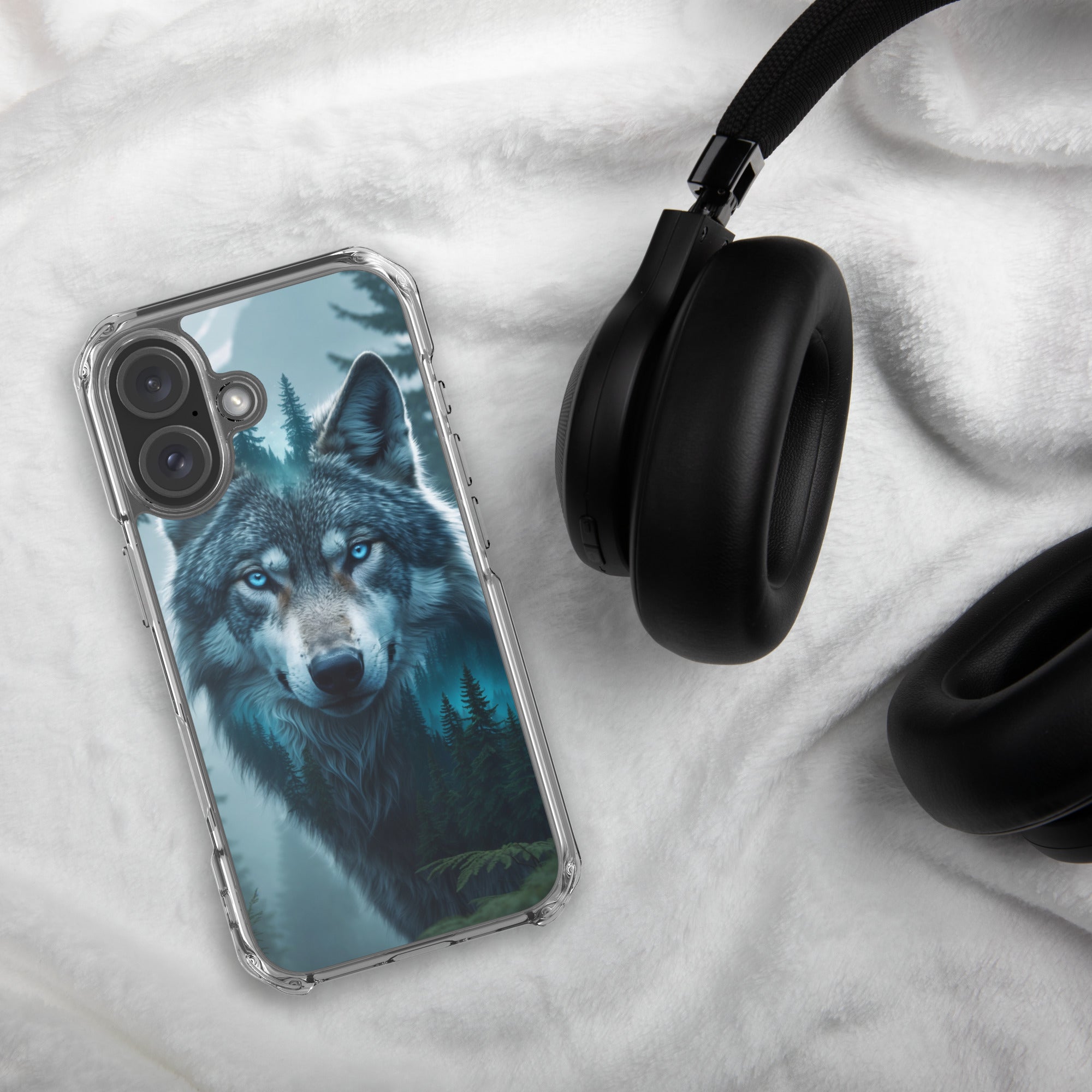Arctic Forest Wolf Clear Case for iPhone 16 - Blue-Eyed Wolf Nature Protective Cover