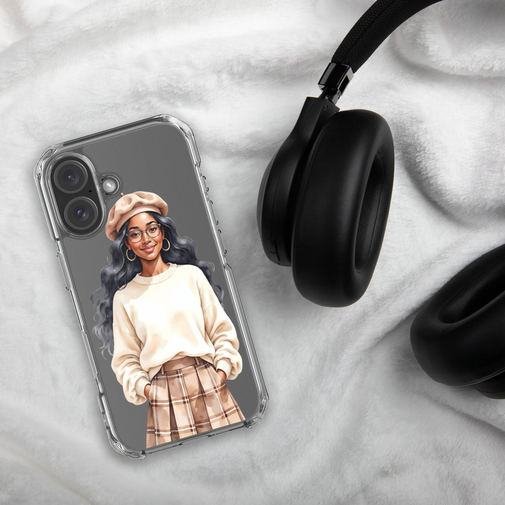 Cozy Plaid Autumn Girl Clear Case for iPhone 16 - Fashion Illustration Protective Cover