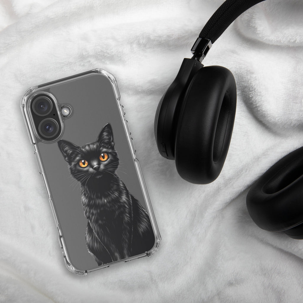 Midnight Black Cat Clear Case for iPhone 16 - Elegant Black Cat Illustration Protective Cover