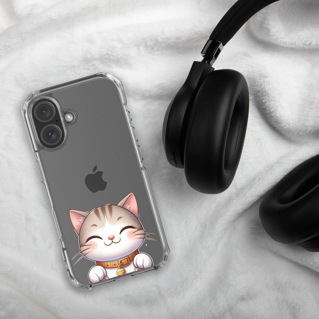 Happy Kitty Clear Case for iPhone 16 - Cute Smiling Cat Illustration Protective Cover