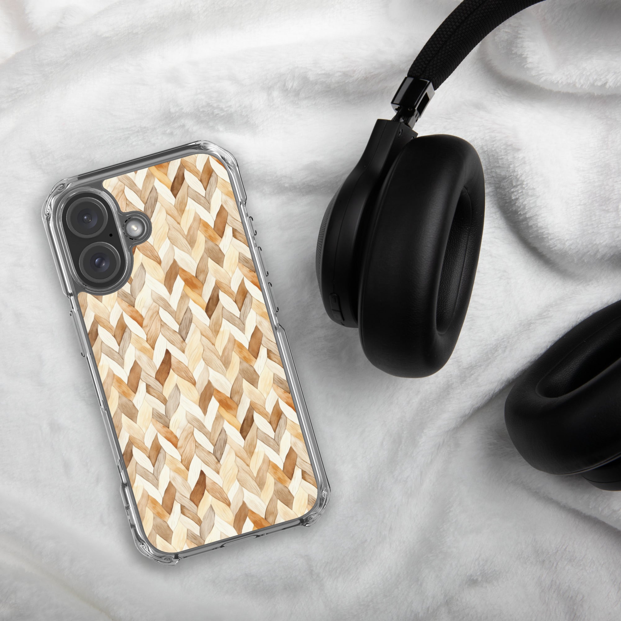 Cozy Knit Pattern Clear Case for iPhone 16 - Neutral Braided Texture Protective Cover