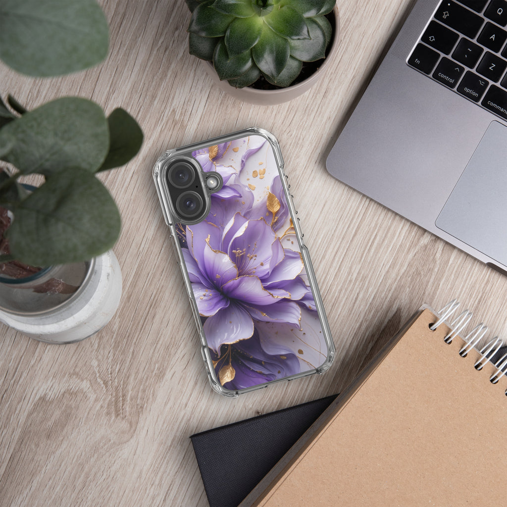 Royal Violet Bloom Clear Case for iPhone 16 - Luxury Purple & Gold Floral Protective Cover