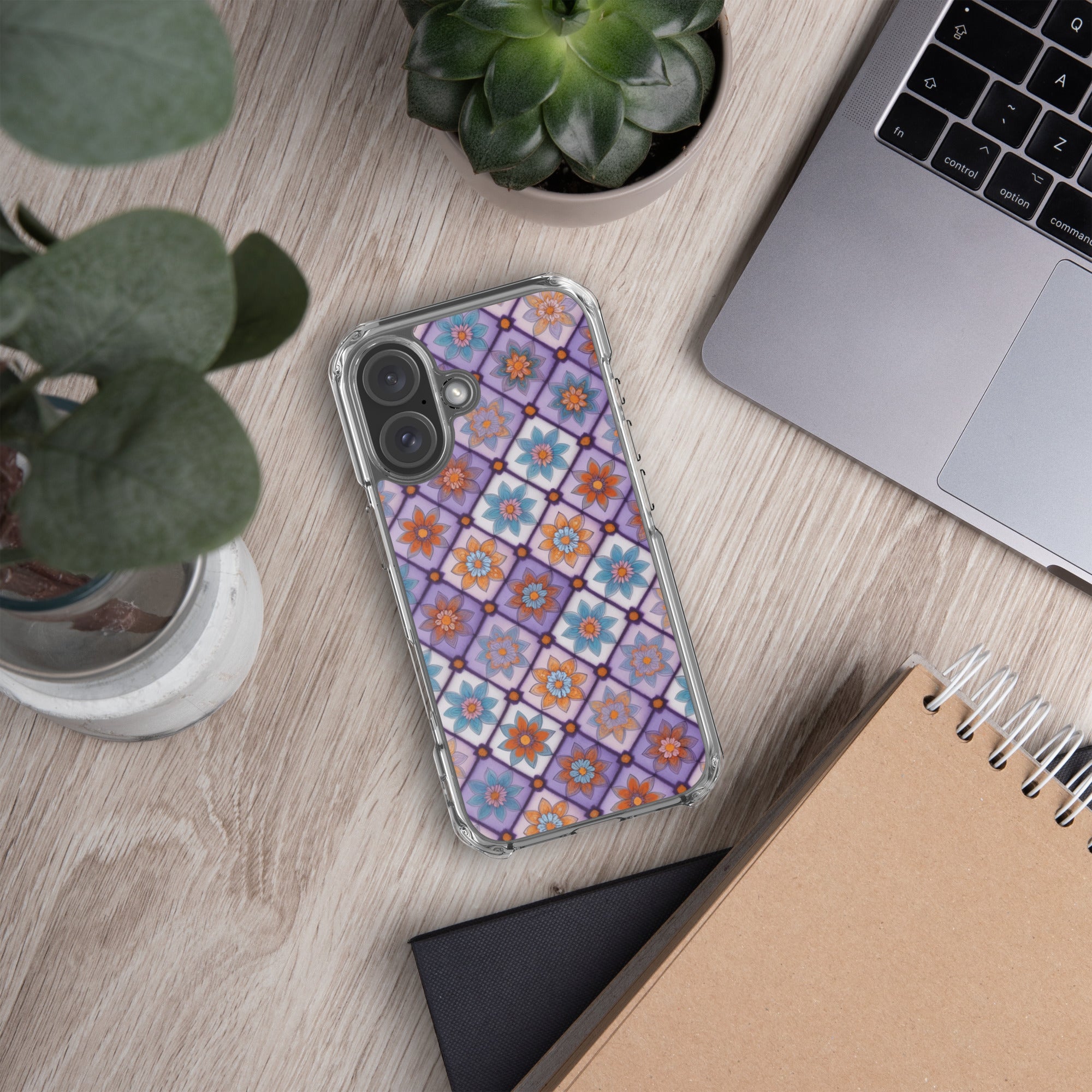 Violet Mosaic Blooms Clear Case for iPhone 16 - Colorful Floral Pattern Protective Cover