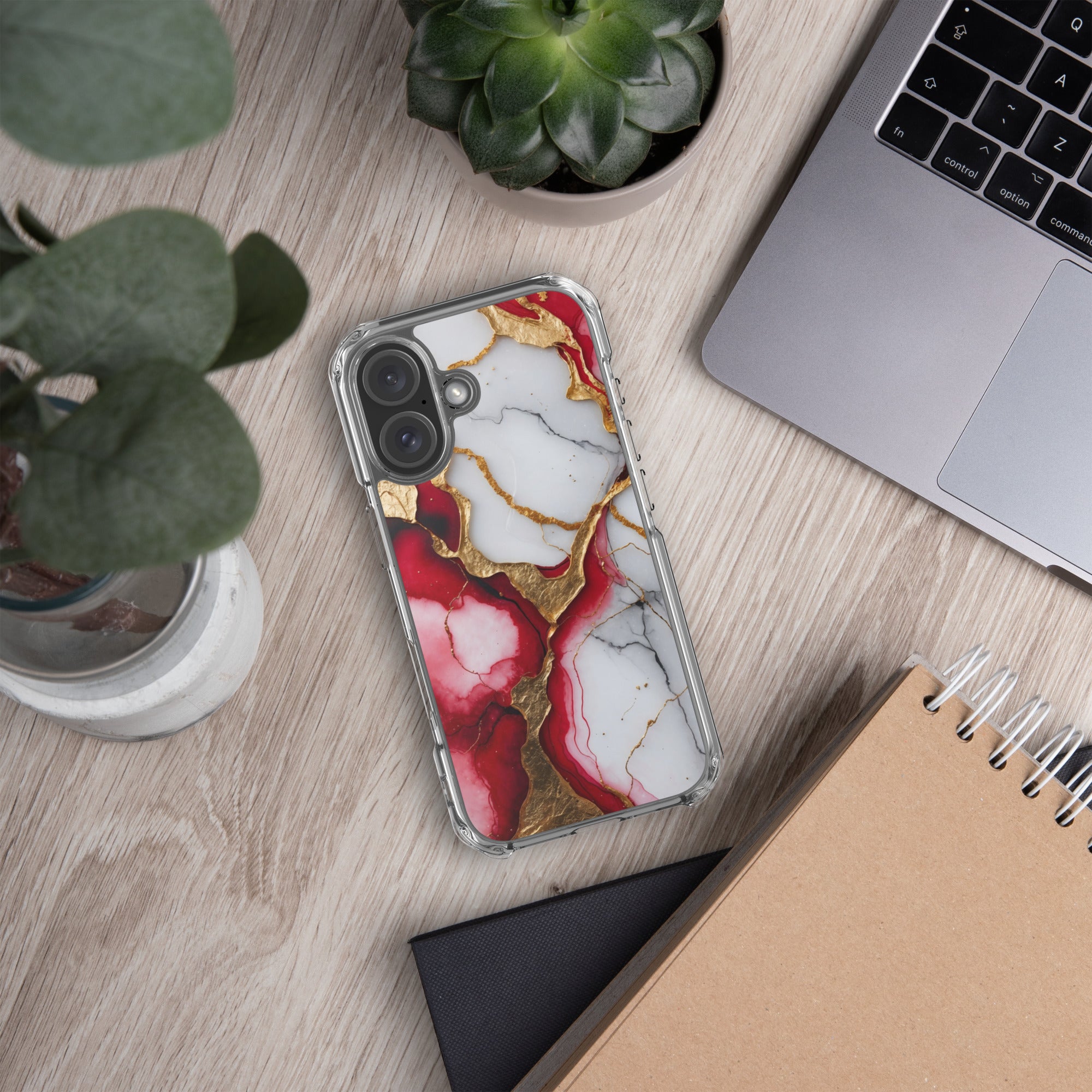 Crimson Golden Marble Luxe Clear Case for iPhone 16 - Luxury Red & Gold Marble Protective Cover