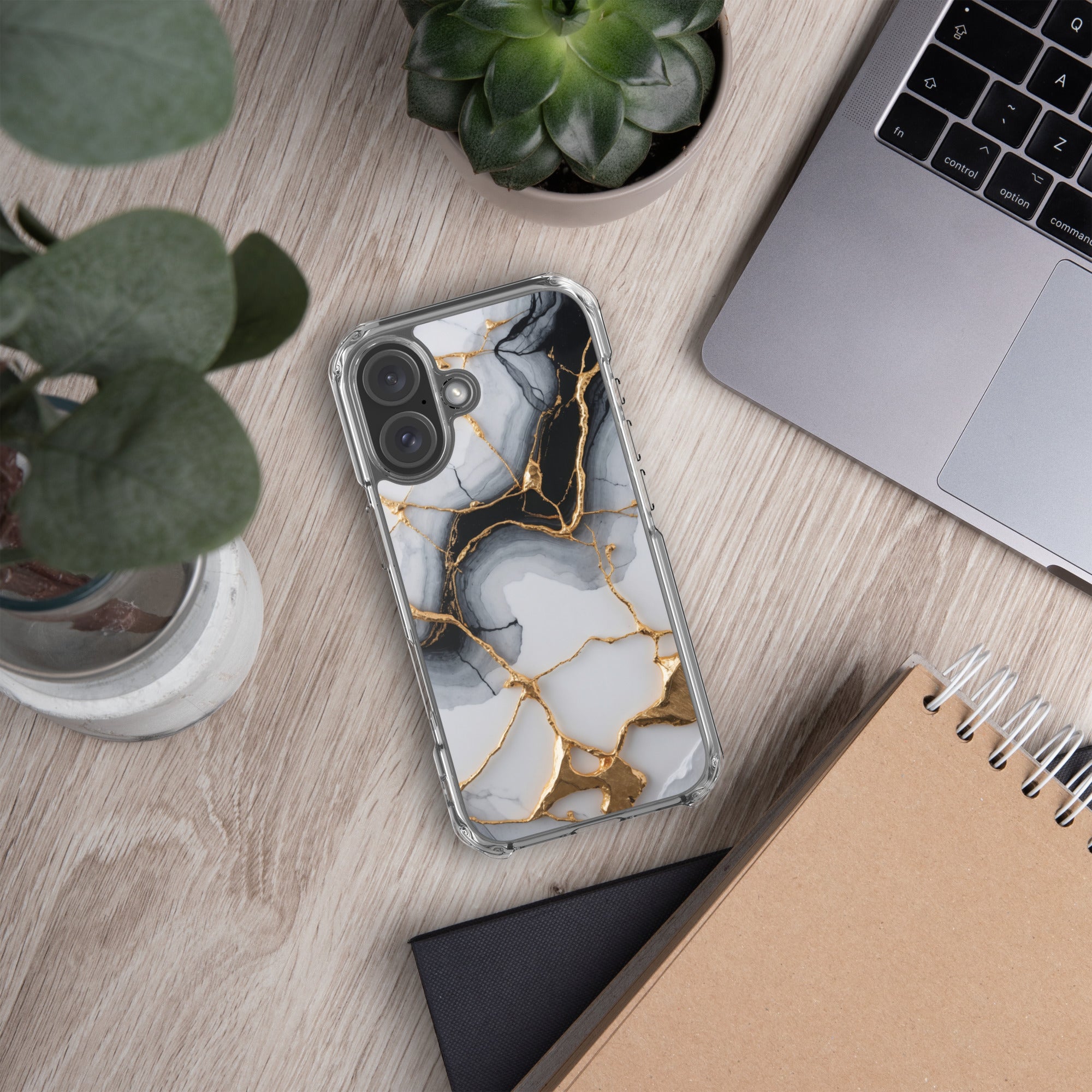 Golden Marble Veins Clear Case for iPhone 16 - Luxury Black & White Marble Protective Cover