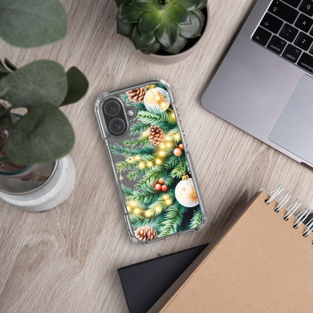 Holiday Pine Glow Clear Case for iPhone 16 - Christmas Pine Branches & Warm Lights Protective Cover