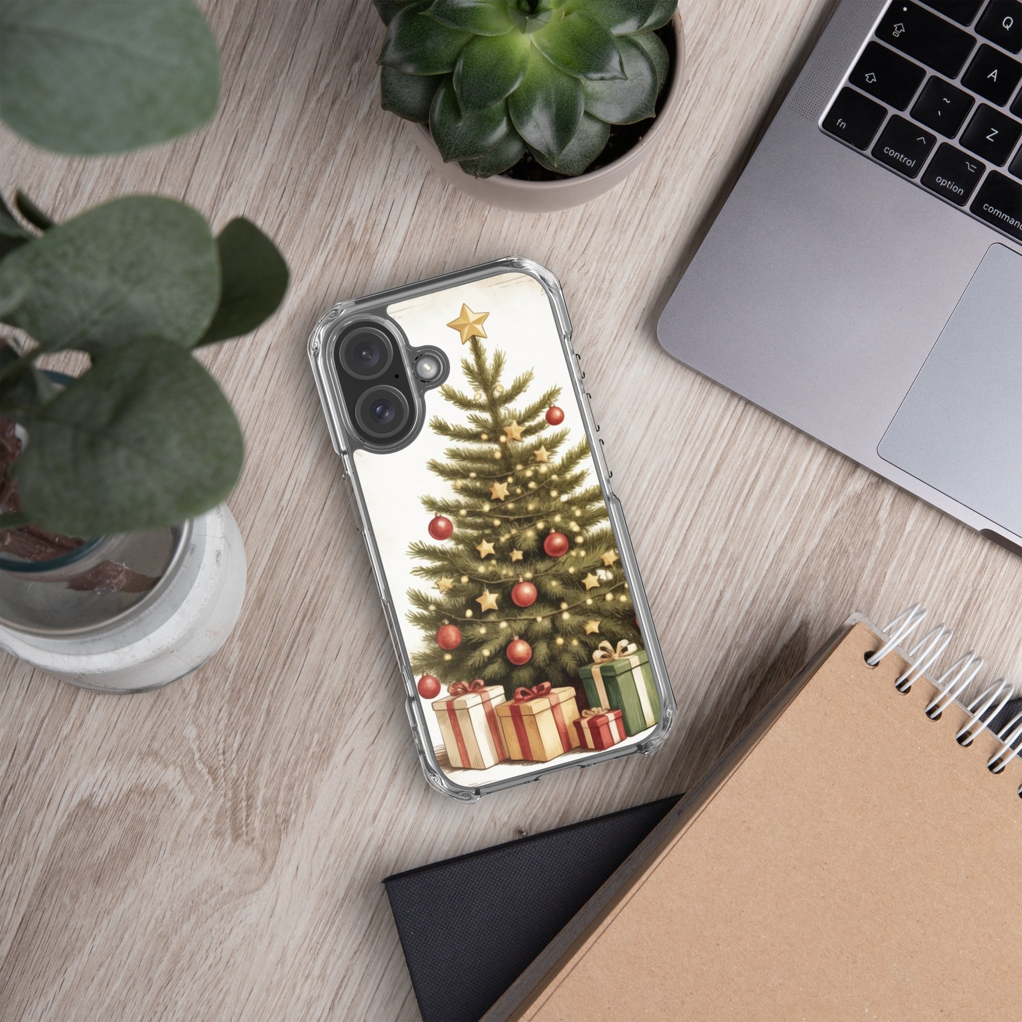 Vintage Christmas Tree Clear Case for iPhone 16 - Festive Holiday Tree & Gifts Protective Cover
