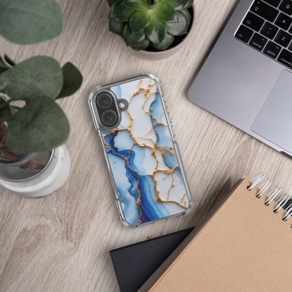 Royal Blue Marble Luxe Clear Case for iPhone 16 - Luxury Blue & Gold Marble Protective Cover