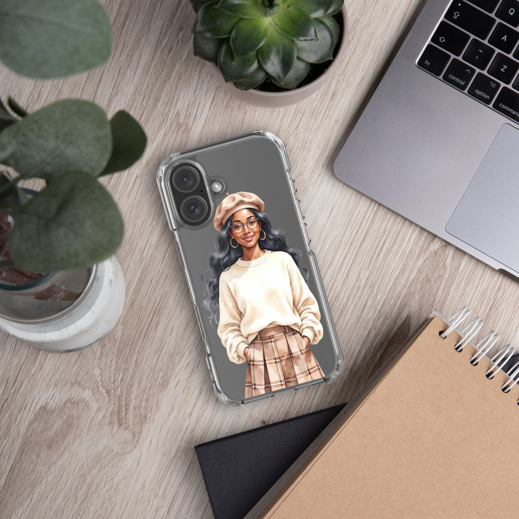 Cozy Plaid Autumn Girl Clear Case for iPhone 16 - Fashion Illustration Protective Cover
