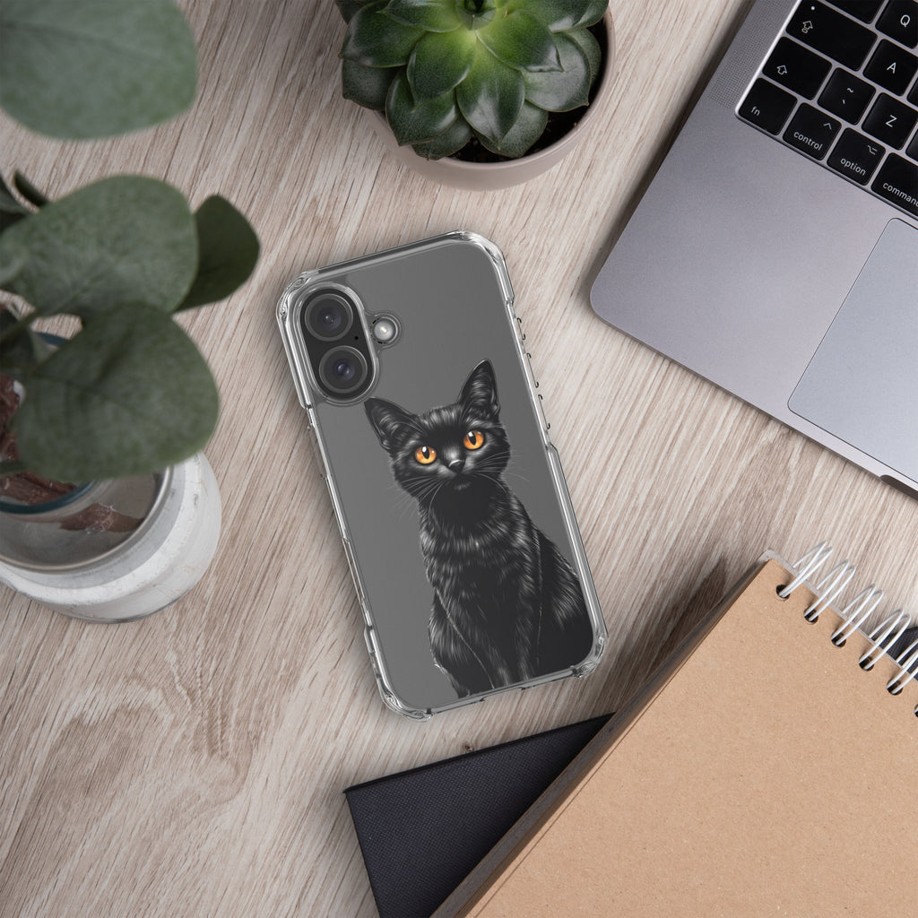 Midnight Black Cat Clear Case for iPhone 16 - Elegant Black Cat Illustration Protective Cover