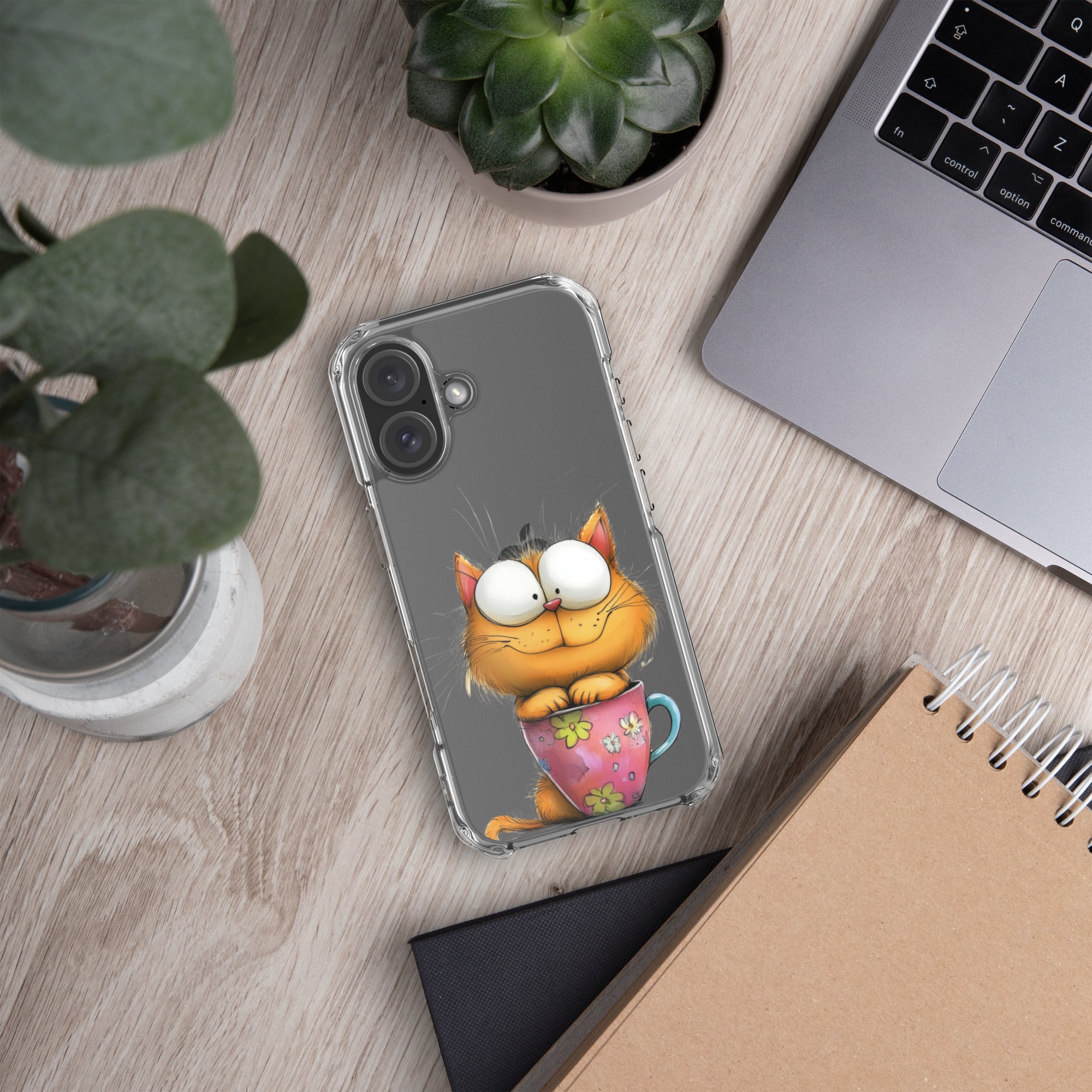 Goofy Cat in Cup Clear Case for iPhone 16 - Funny Cartoon Kitty Protective Cover