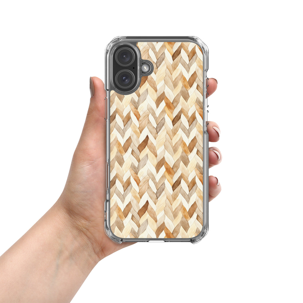 Cozy Knit Pattern Clear Case for iPhone 16 Plus - Neutral Braided Texture Protective Cover