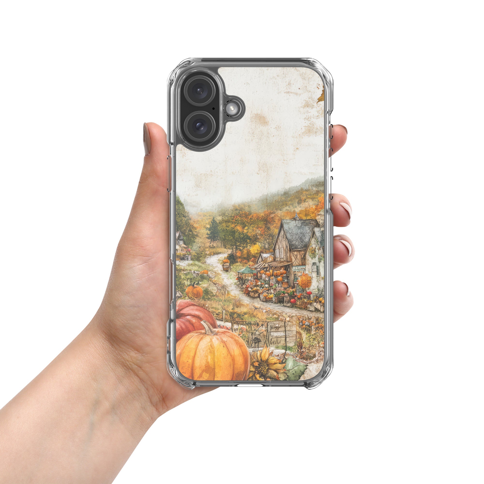 Autumn Village Clear Case for iPhone 16 Plus - Fall Rustic Pumpkin Design Protective Cover