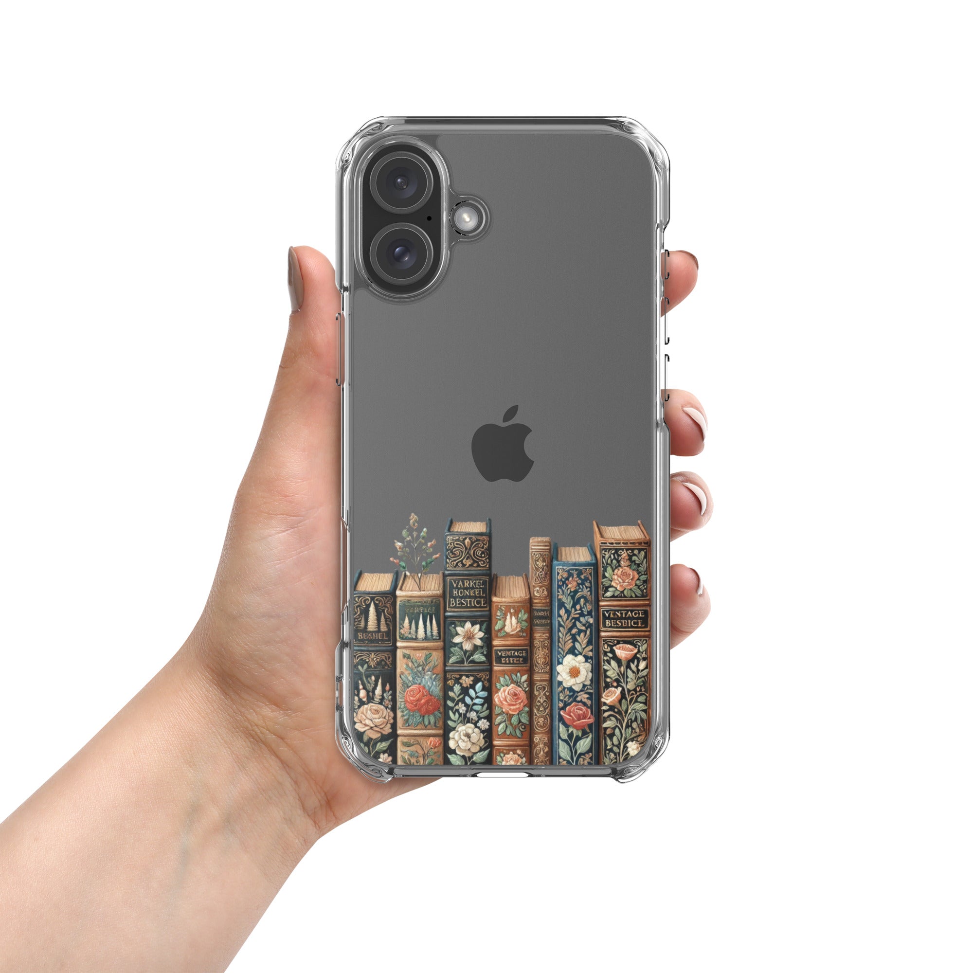 Vintage Floral Bookshelf Clear Case for iPhone 16 Plus