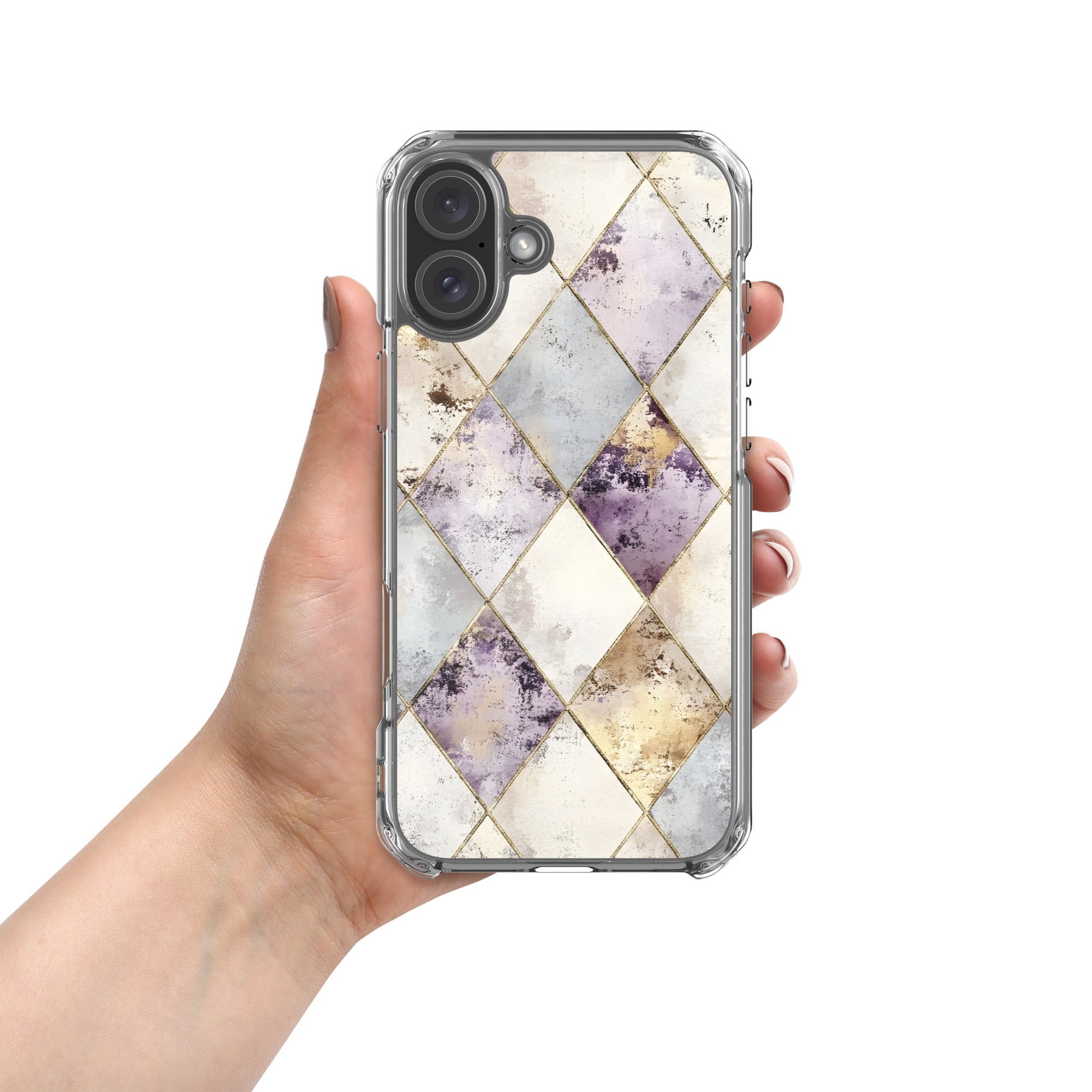 Golden Harlequin Damask Clear Case for iPhone 16 Plus - Elegant Gold Geometric Protective Cover