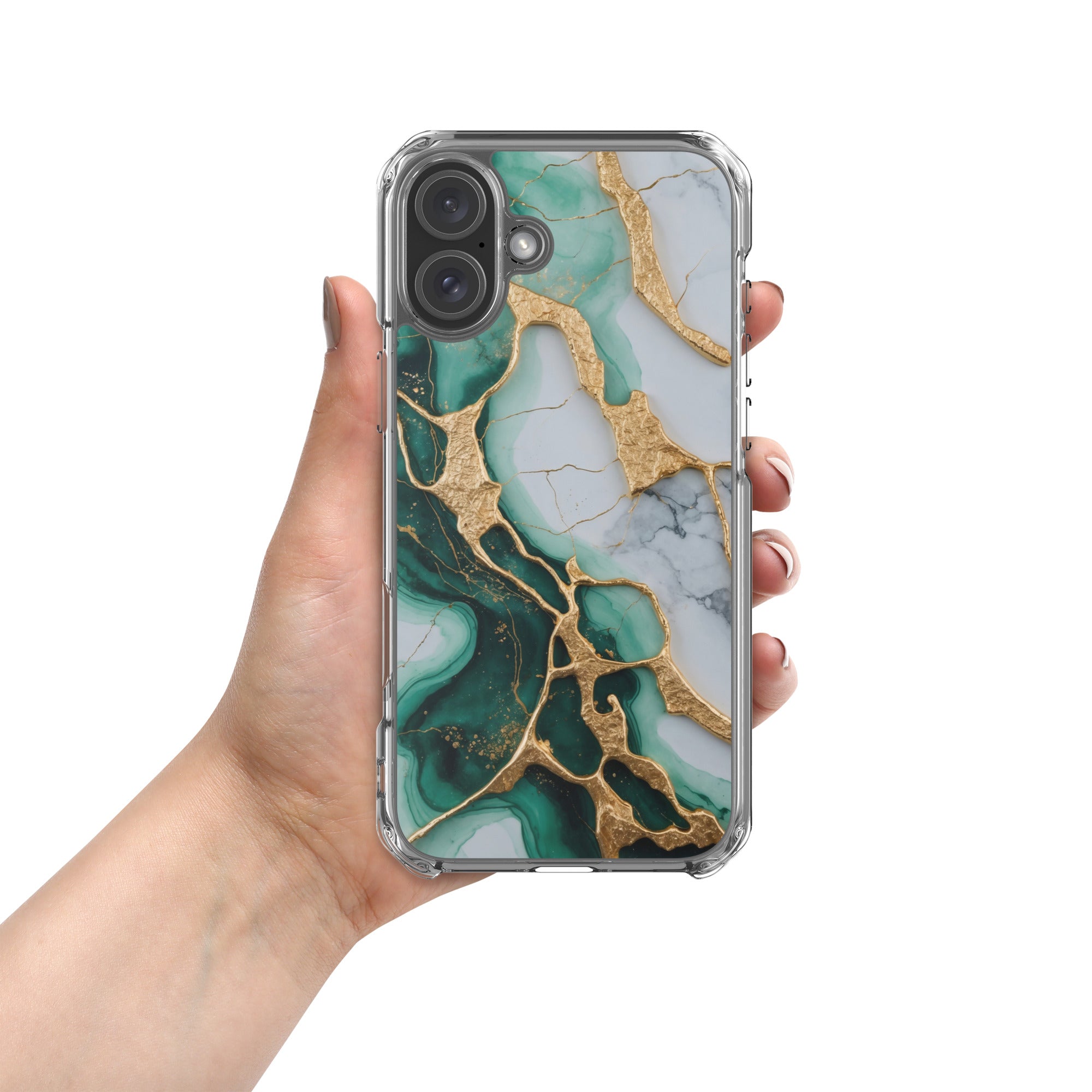 Emerald Golden Marble Flow Clear Case for iPhone 16 Plus