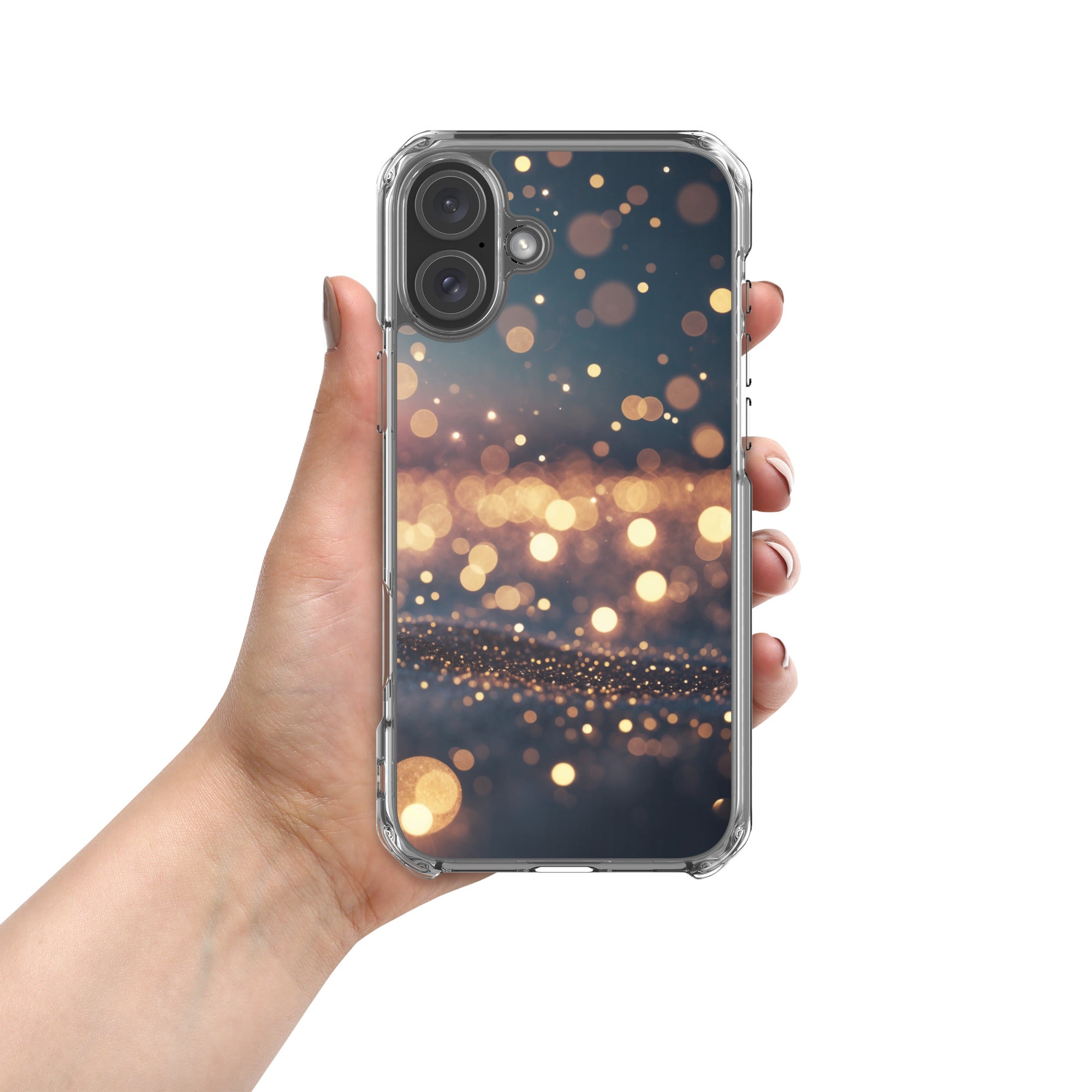 Golden Sparkle Bokeh Clear Case for iPhone 16 Plus - Glam Gold Light Glitter Protective Cover