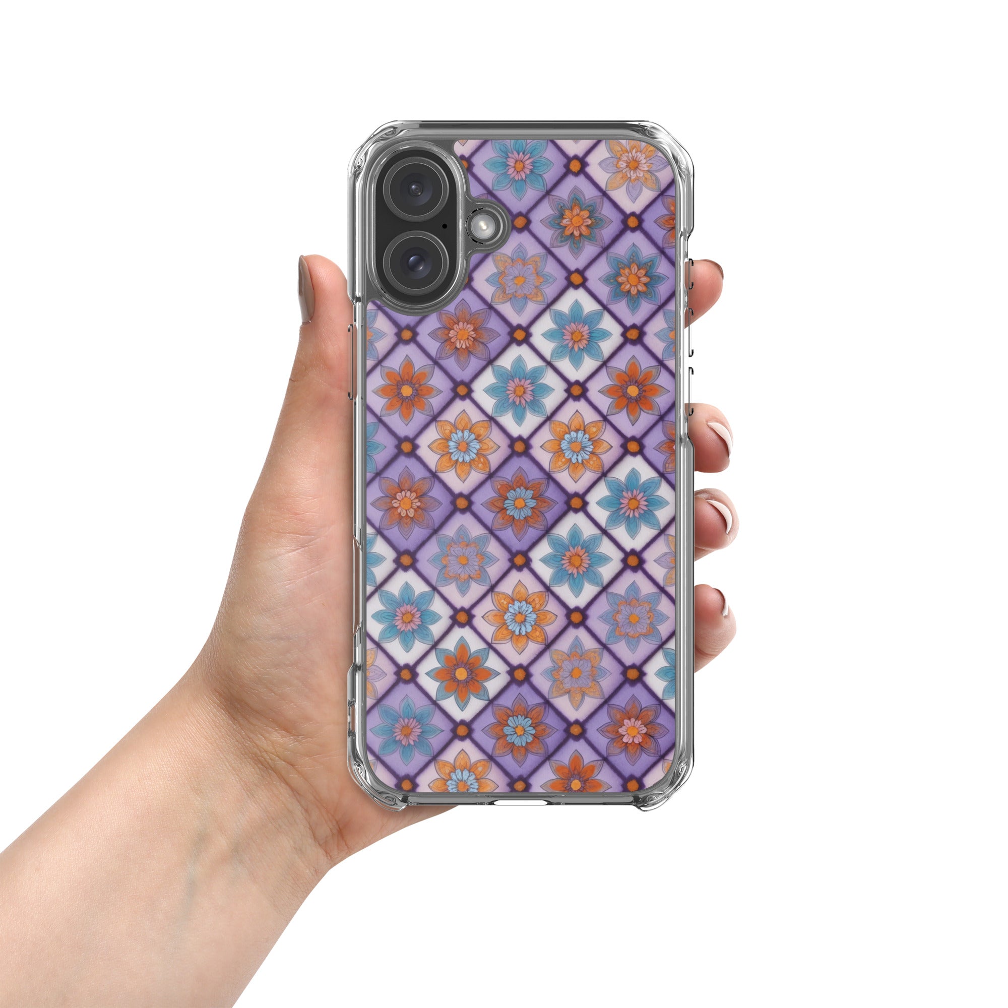Violet Mosaic Blooms Clear Case for iPhone 16 Plus - Colorful Floral Pattern Protective Cover