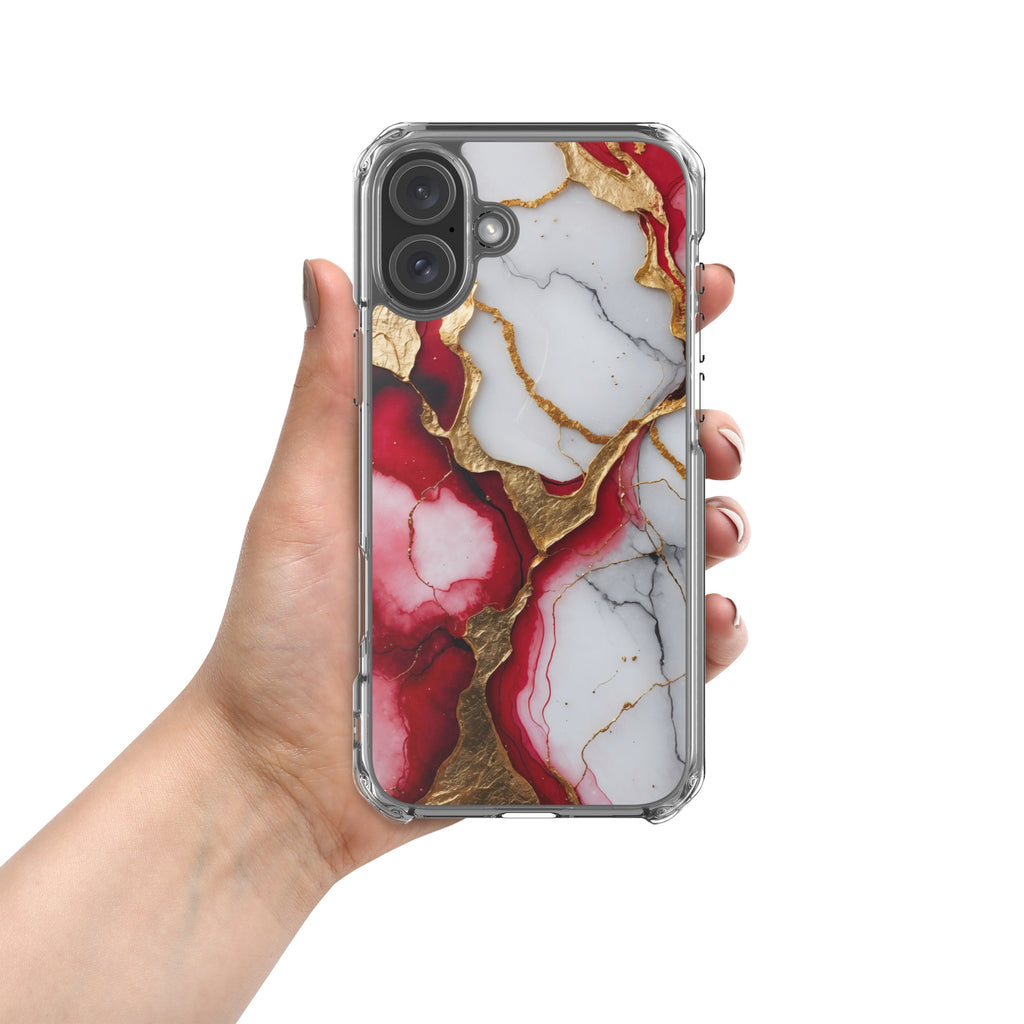 Crimson Golden Marble Luxe Clear Case for iPhone 16 Plus - Luxury Red & Gold Marble Protective Cover