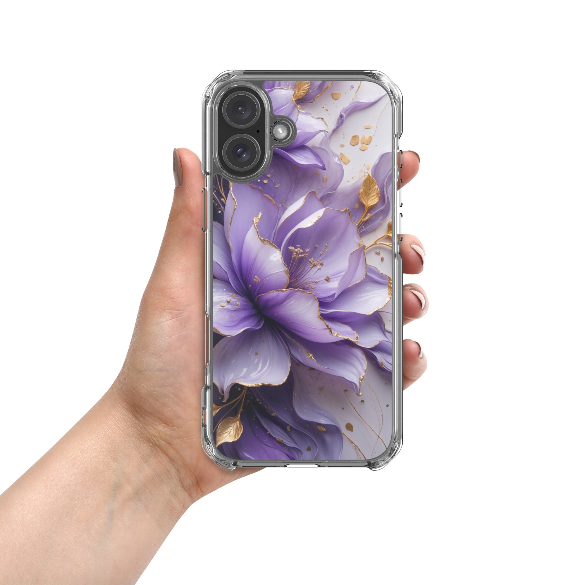 Royal Violet Bloom Clear Case for iPhone 16 Plus - Luxury Purple & Gold Floral Protective Cover