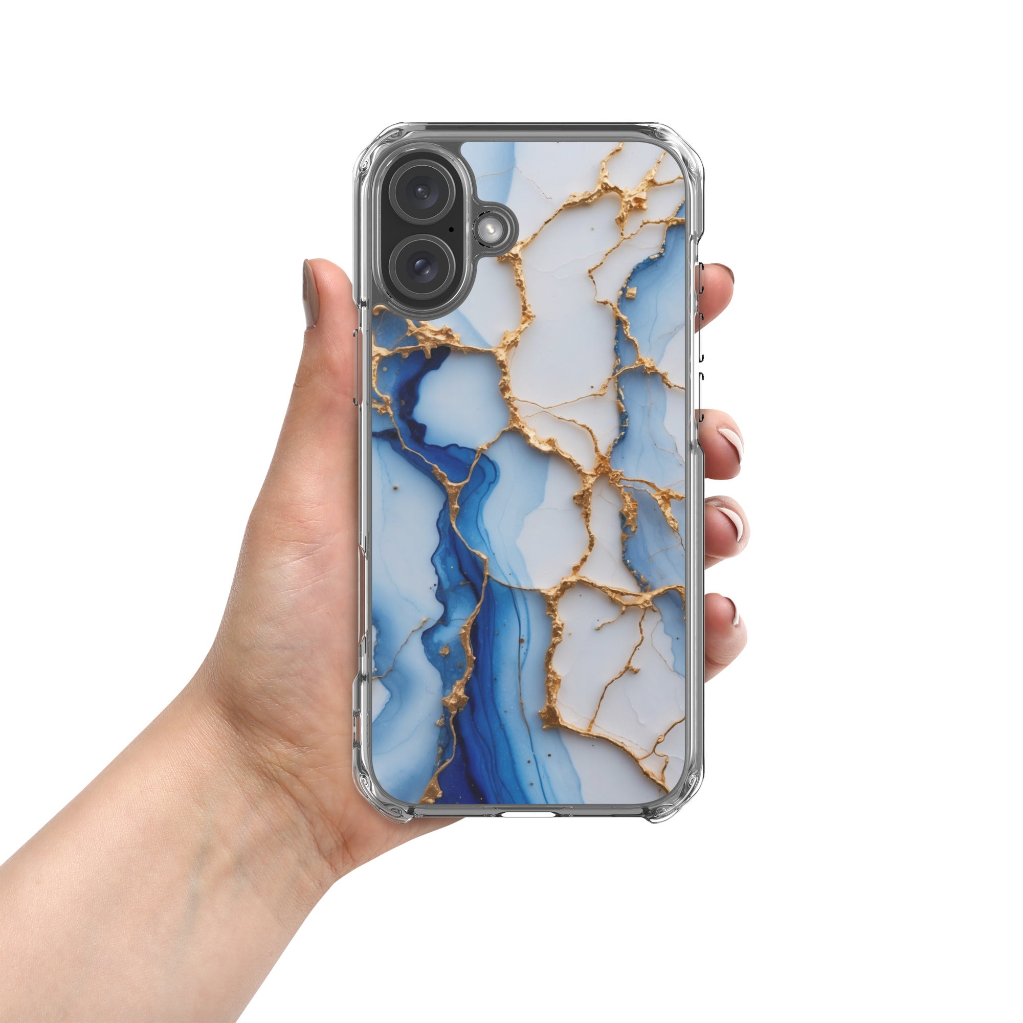 Royal Blue Marble Luxe Clear Case for iPhone 16 Plus - Luxury Blue & Gold Marble Protective Cover