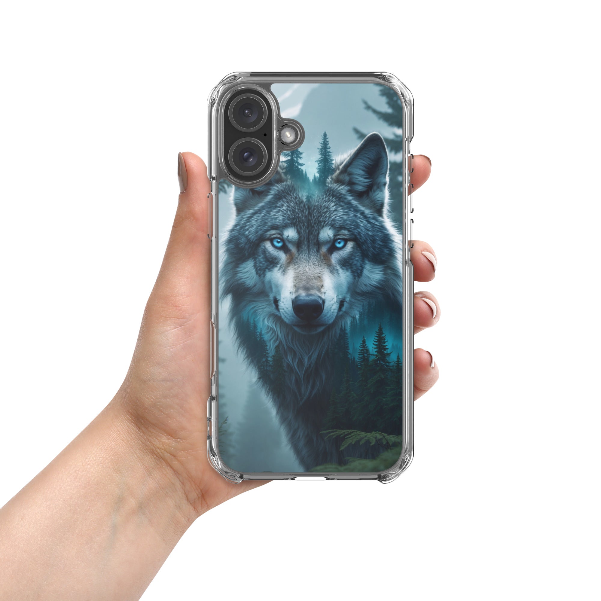 Arctic Forest Wolf Clear Case for iPhone 16 Plus - Blue-Eyed Wolf Nature Protective Cover