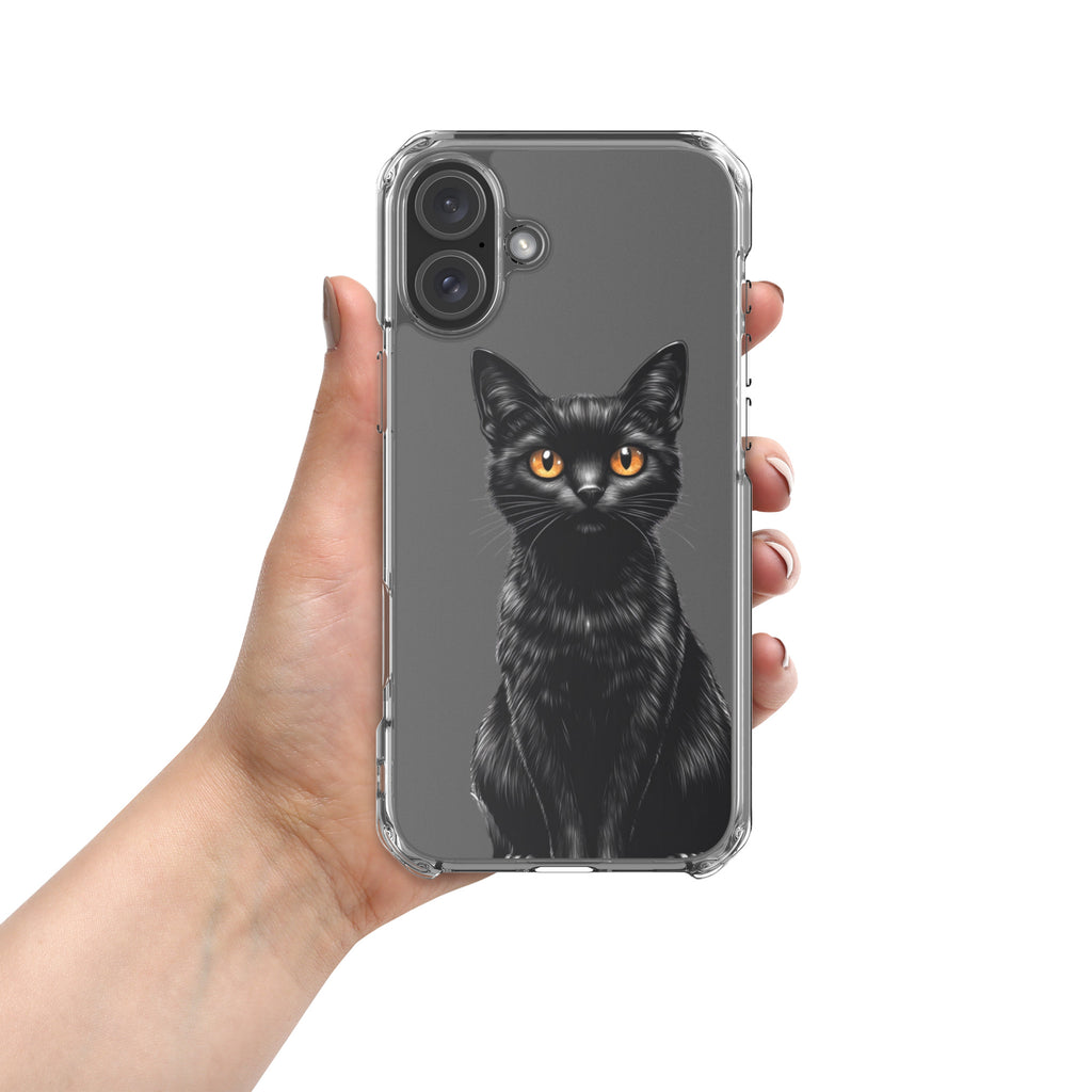 Midnight Black Cat Clear Case for iPhone 16 Plus - Elegant Black Cat Illustration Protective Cover