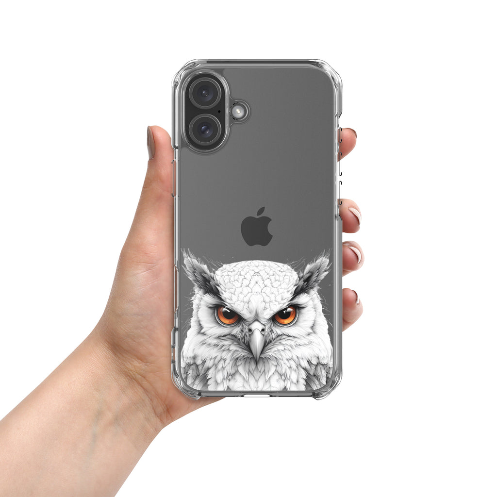 Snowy Owl Glare Clear Case for iPhone 16 Plus - Minimalist White Owl Illustration Protective Cover