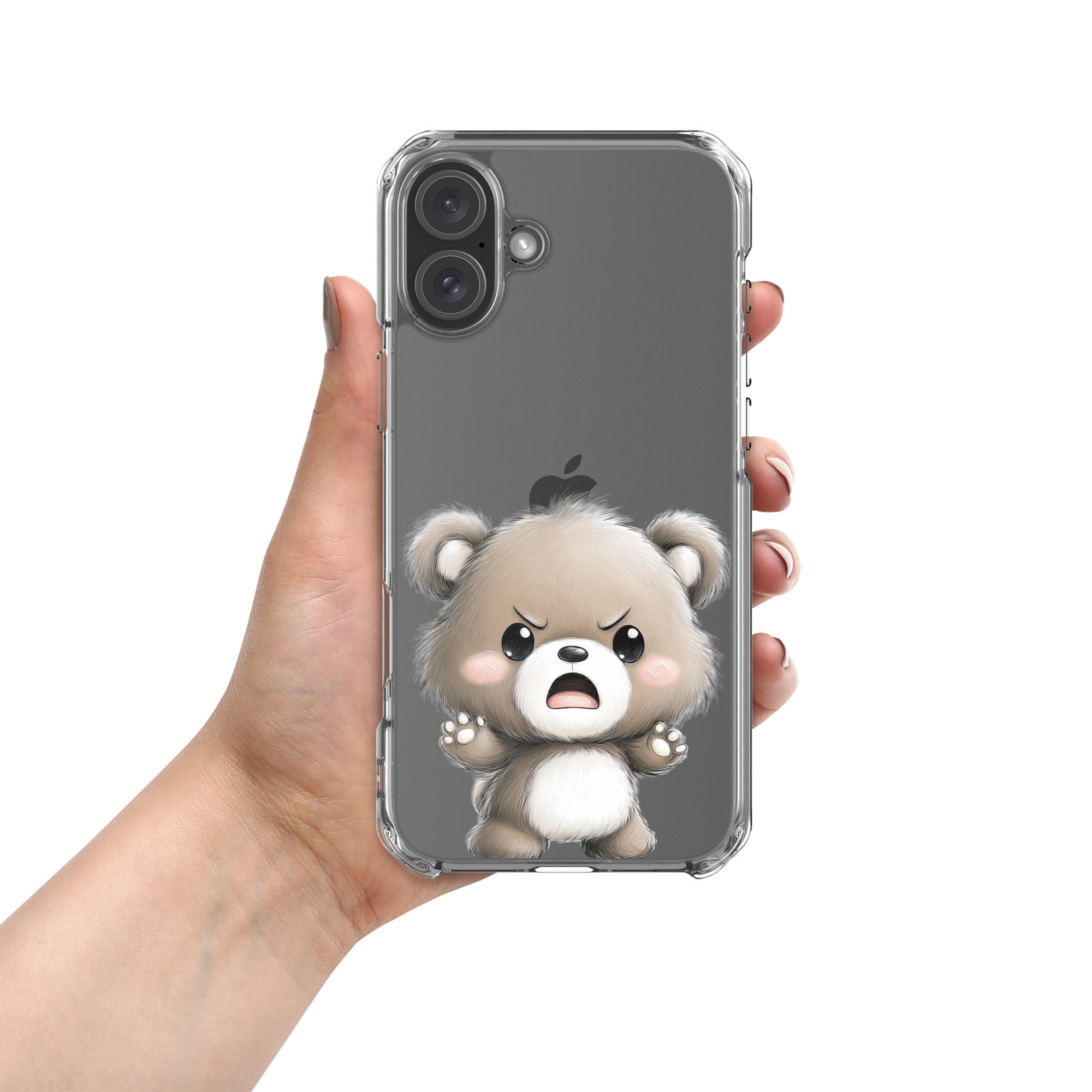 Angry Cute Bear Clear Case for iPhone 16 Plus - Funny Kawaii Bear Protective Cover