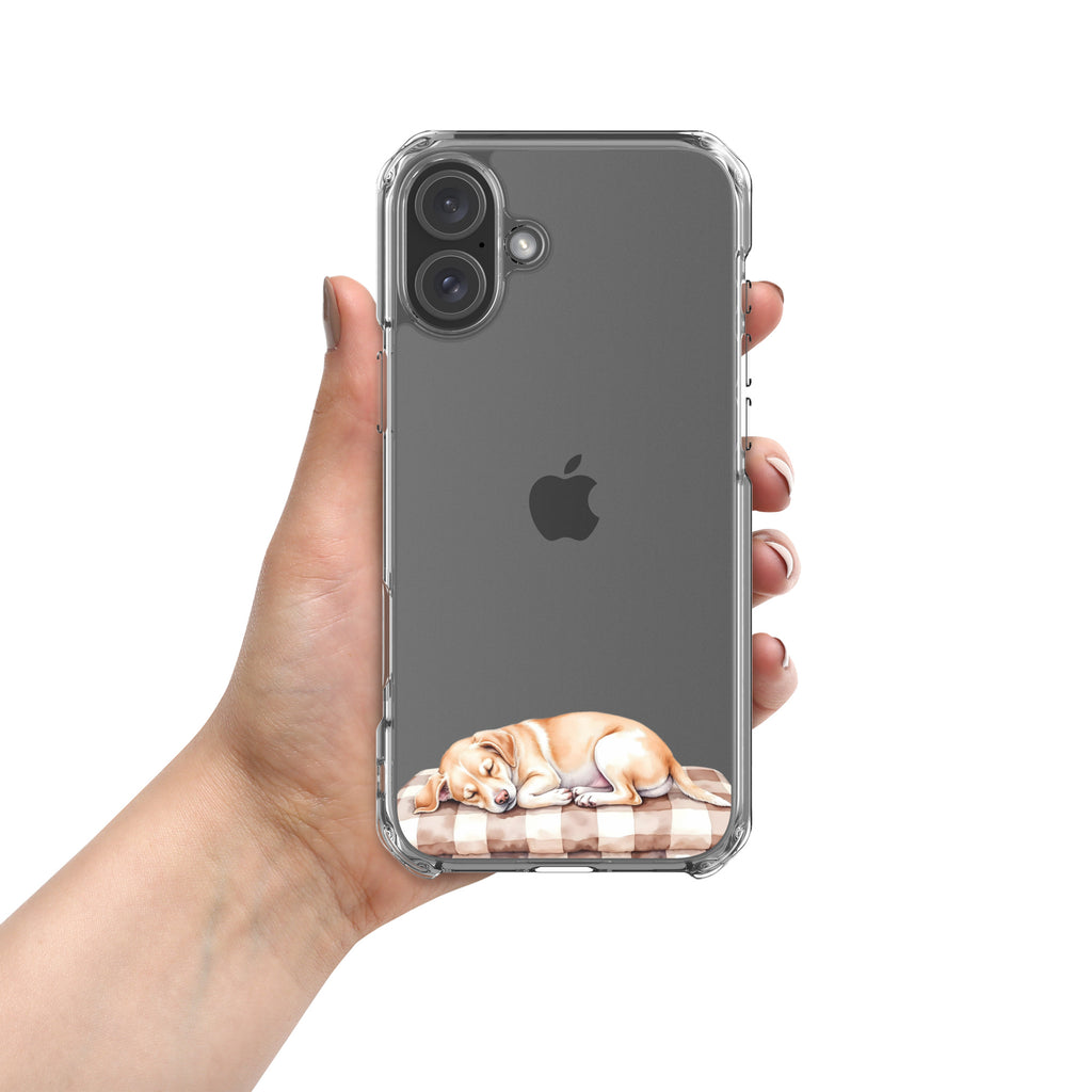 Sleepy Dog on Checkered Blanket Clear Case for iPhone 16 Plus - Cute Cozy Puppy Illustration Protective Cover