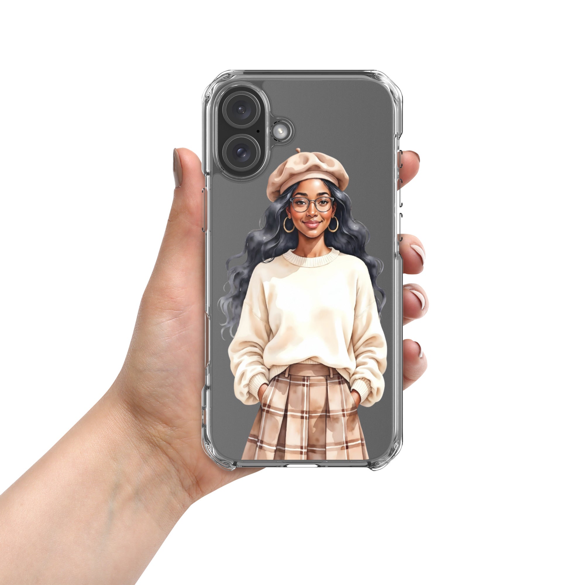 Cozy Plaid Autumn Girl Clear Case for iPhone 16 Plus - Fashion Illustration Protective Cover