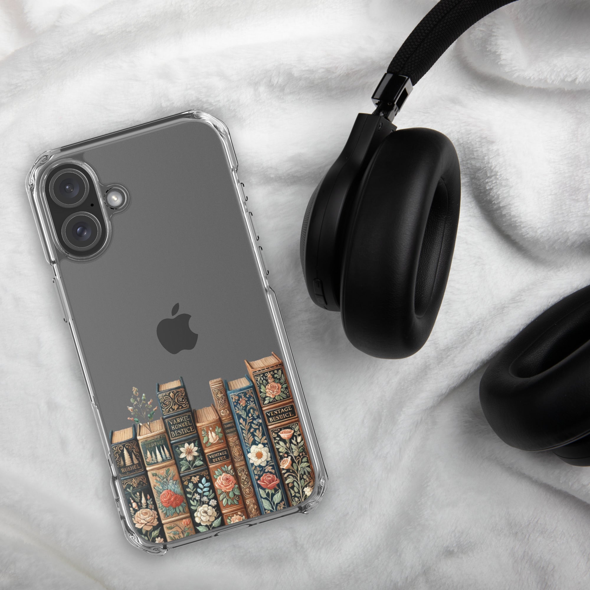 Vintage Floral Bookshelf Clear Case for iPhone 16 Plus