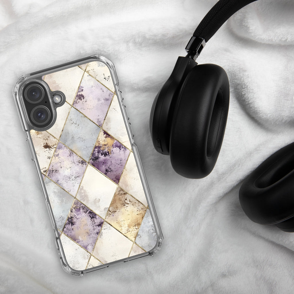 Golden Harlequin Damask Clear Case for iPhone 16 Plus - Elegant Gold Geometric Protective Cover