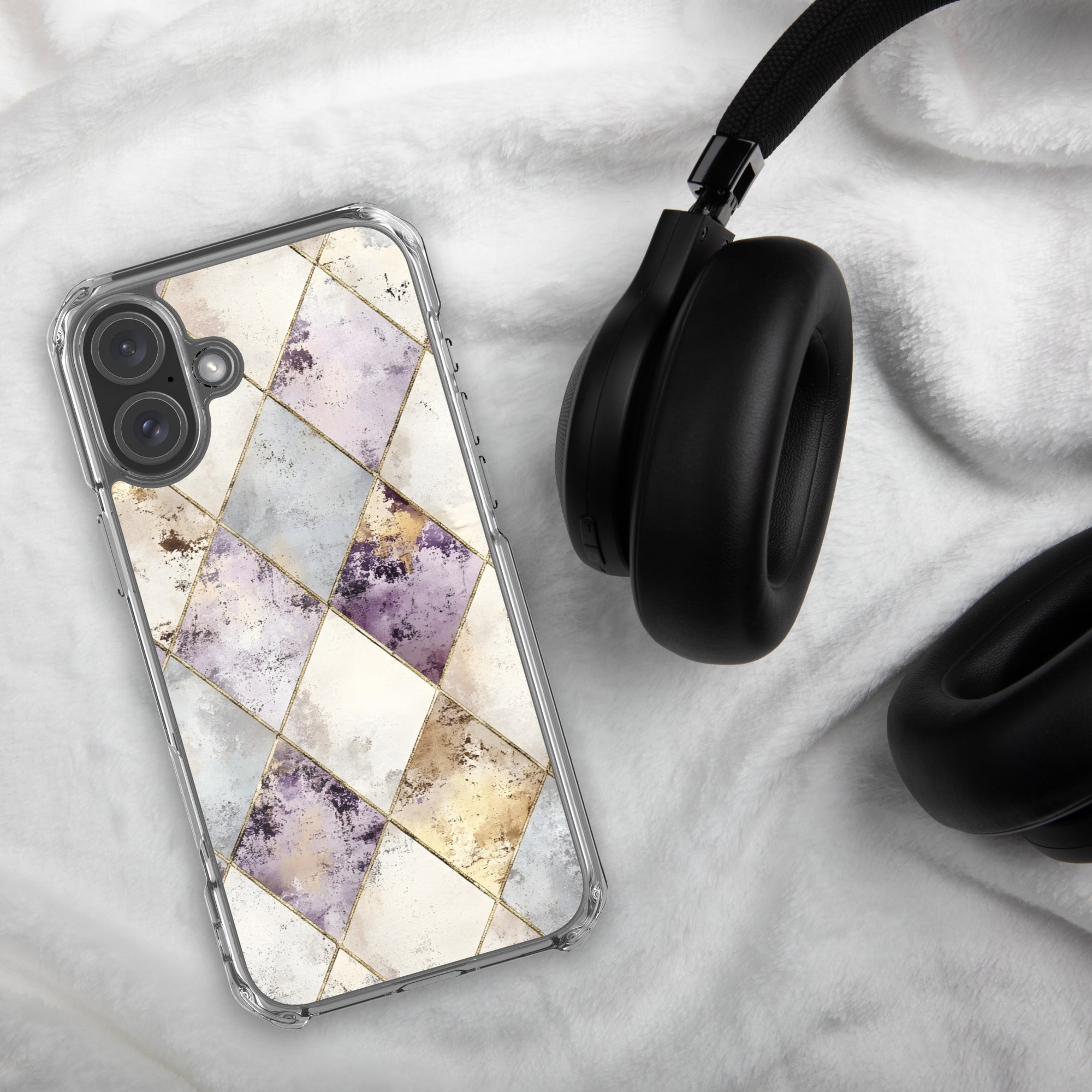 Golden Harlequin Damask Clear Case for iPhone 16 Plus - Elegant Gold Geometric Protective Cover