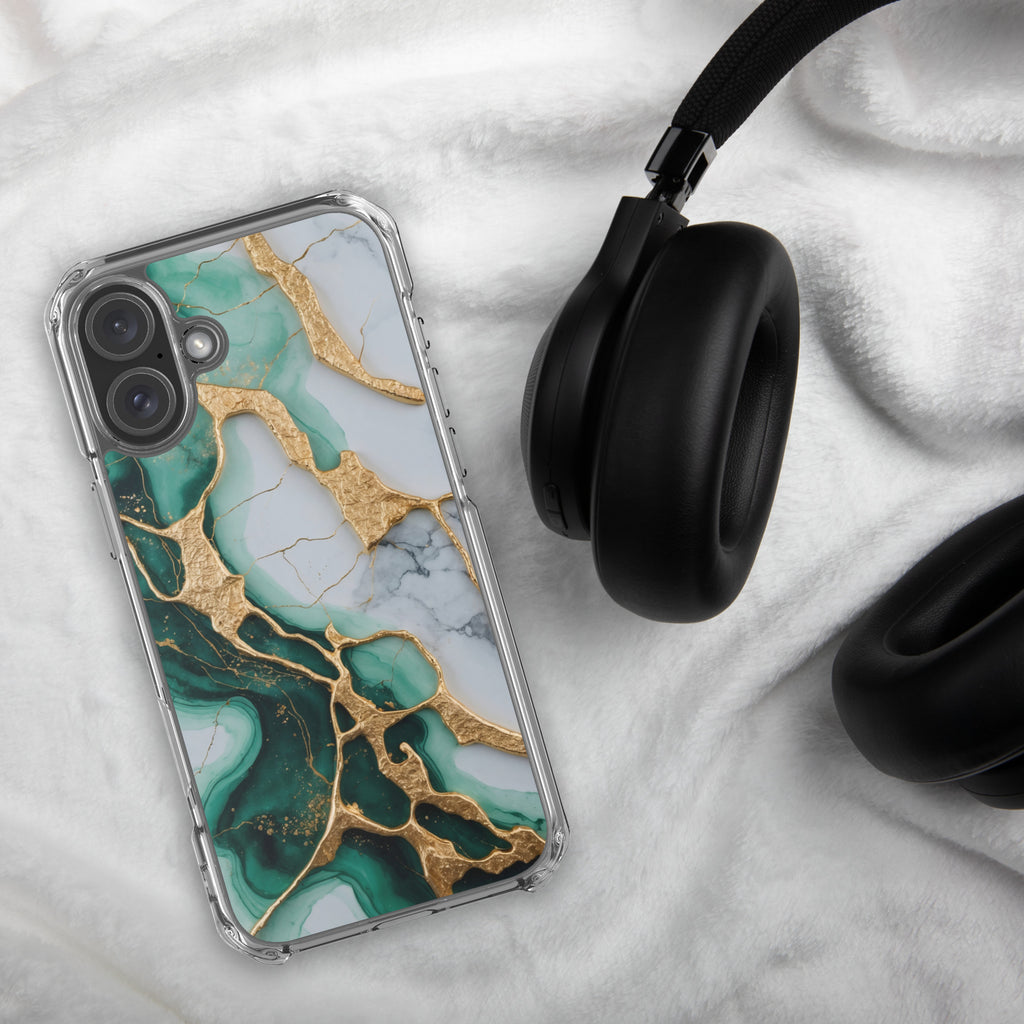 Emerald Golden Marble Flow Clear Case for iPhone 16 Plus