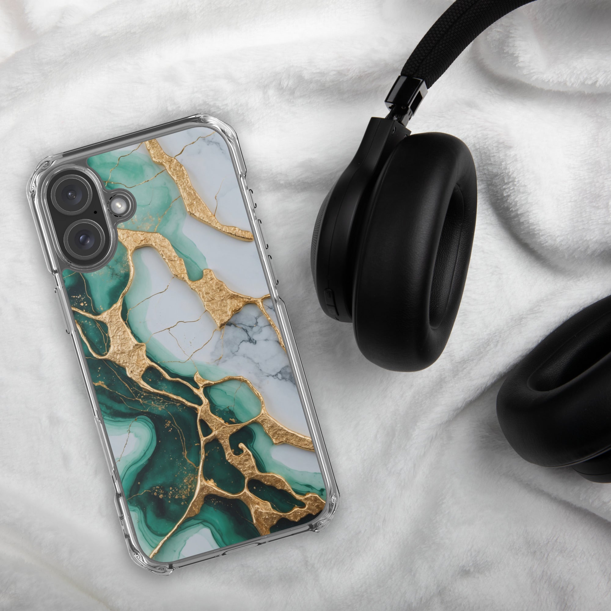 Emerald Golden Marble Flow Clear Case for iPhone 16 Plus
