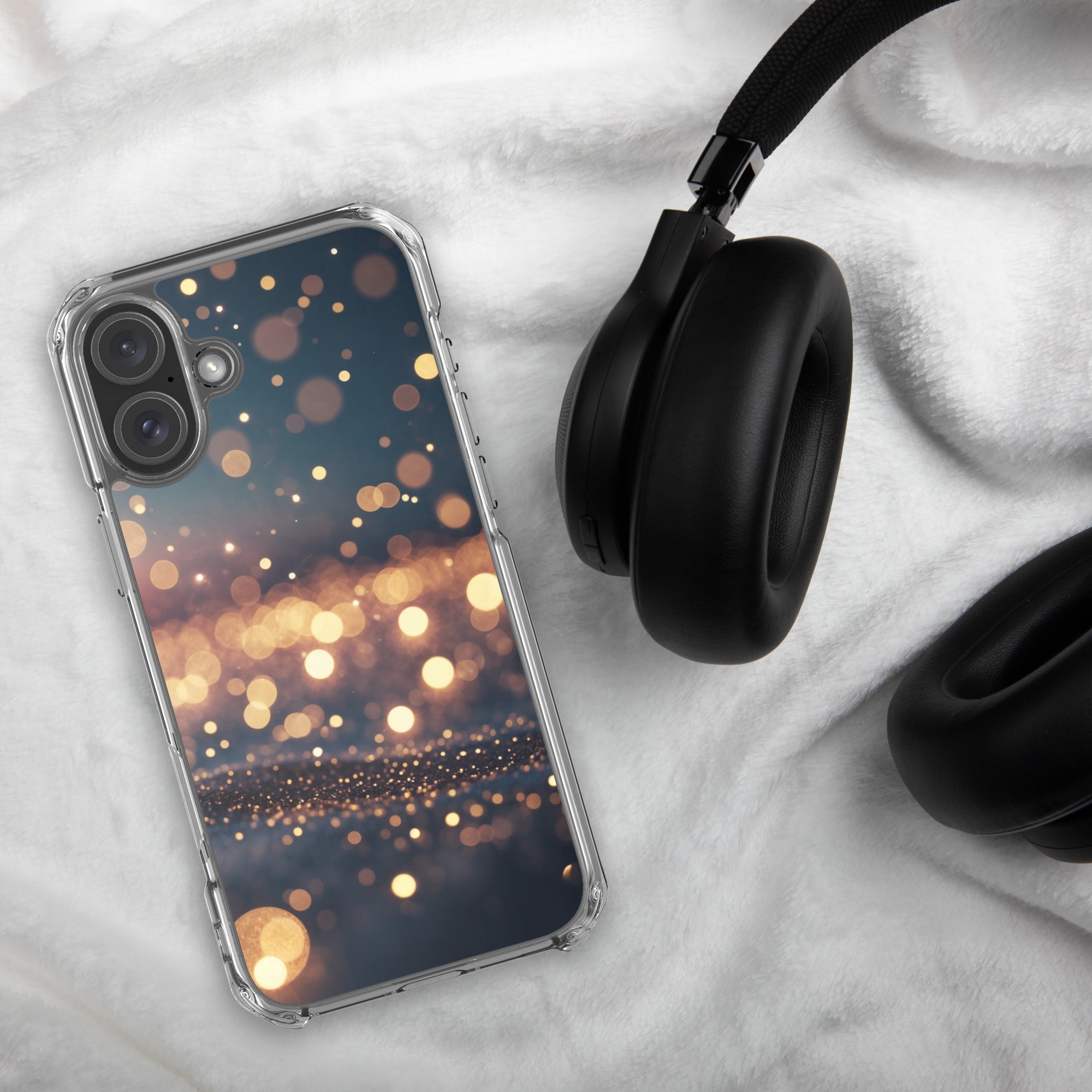 Golden Sparkle Bokeh Clear Case for iPhone 16 Plus - Glam Gold Light Glitter Protective Cover