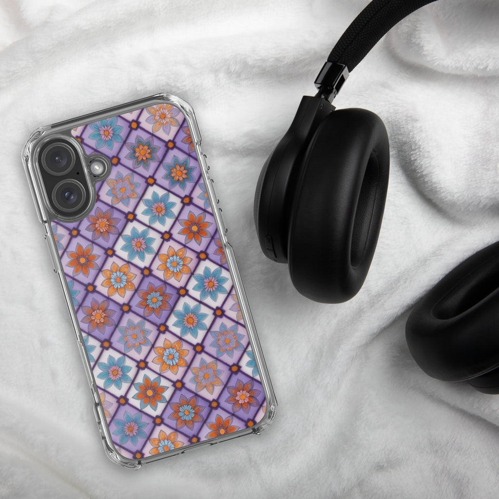 Violet Mosaic Blooms Clear Case for iPhone 16 Plus - Colorful Floral Pattern Protective Cover