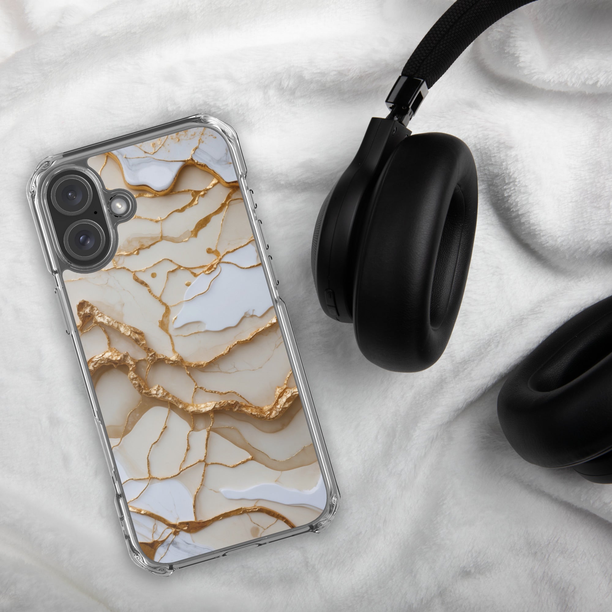 Ivory Golden Marble Elegance Clear Case for iPhone 16 Plus