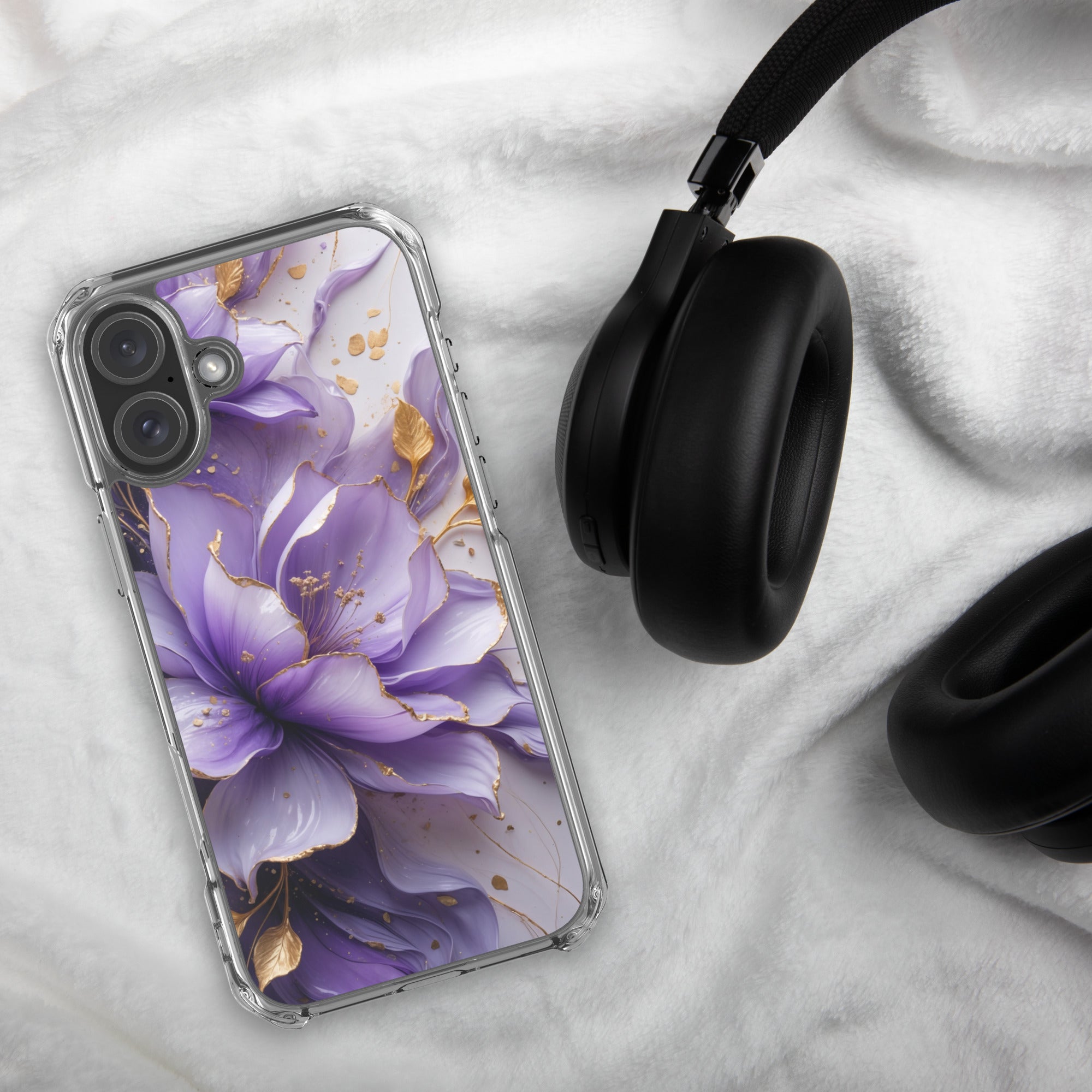 Royal Violet Bloom Clear Case for iPhone 16 Plus - Luxury Purple & Gold Floral Protective Cover
