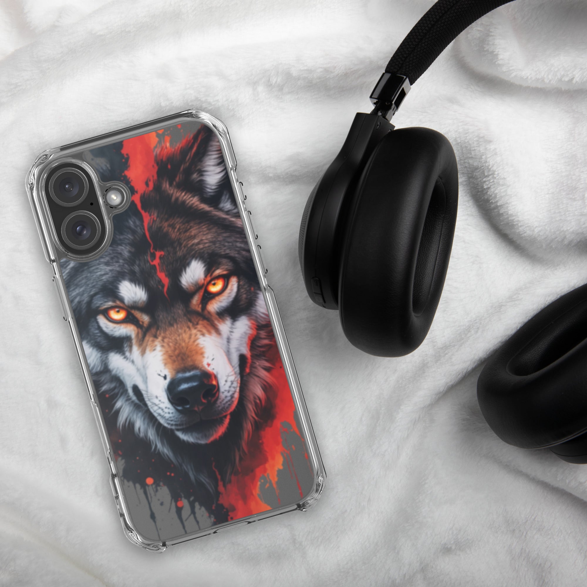 Dual Flame Wolf Clear Case for iPhone 16 Plus - Fierce Wolf Artwork Protective Cover