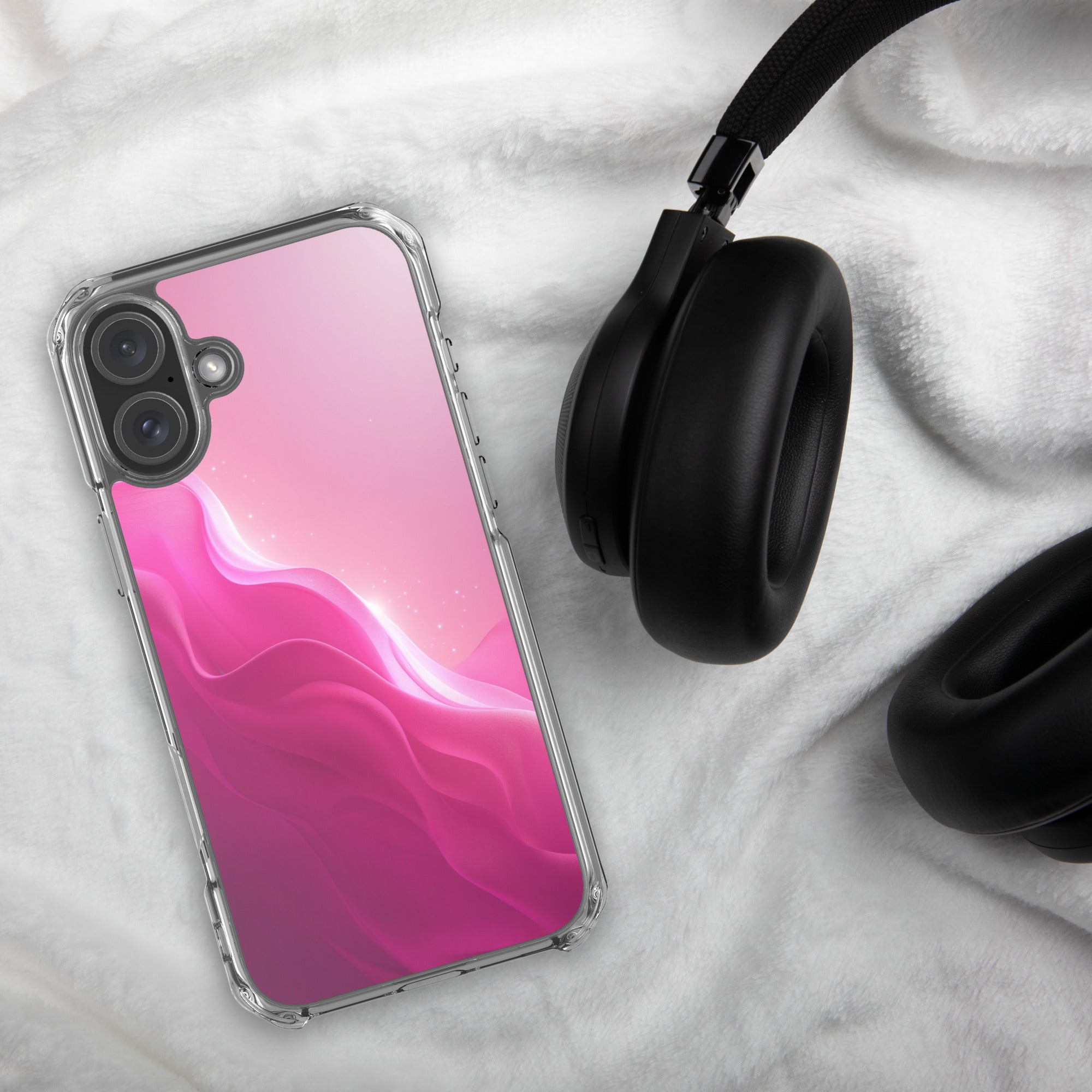 Pink Velvet Waves Dream Clear Case for iPhone 16 Plus - Abstract Pink Gradient Protective Cover