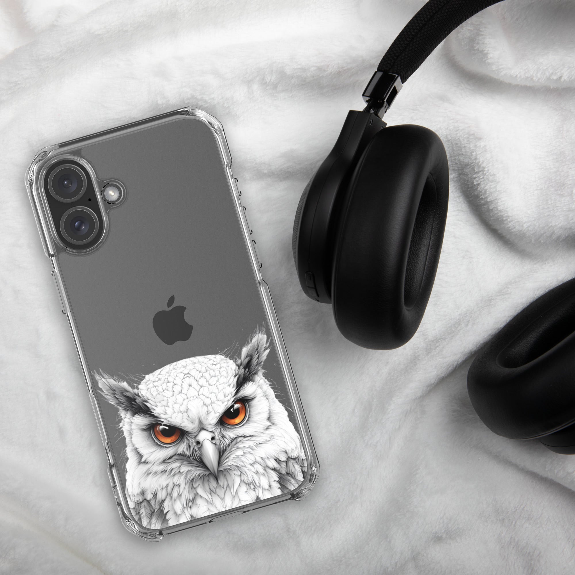 Snowy Owl Glare Clear Case for iPhone 16 Plus - Minimalist White Owl Illustration Protective Cover