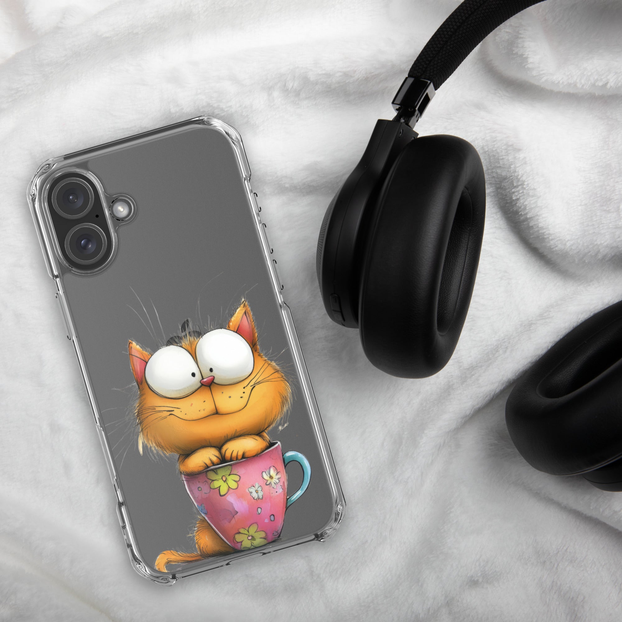 Goofy Cat in Cup Clear Case for iPhone 16 Plus - Funny Cartoon Kitty Protective Cover