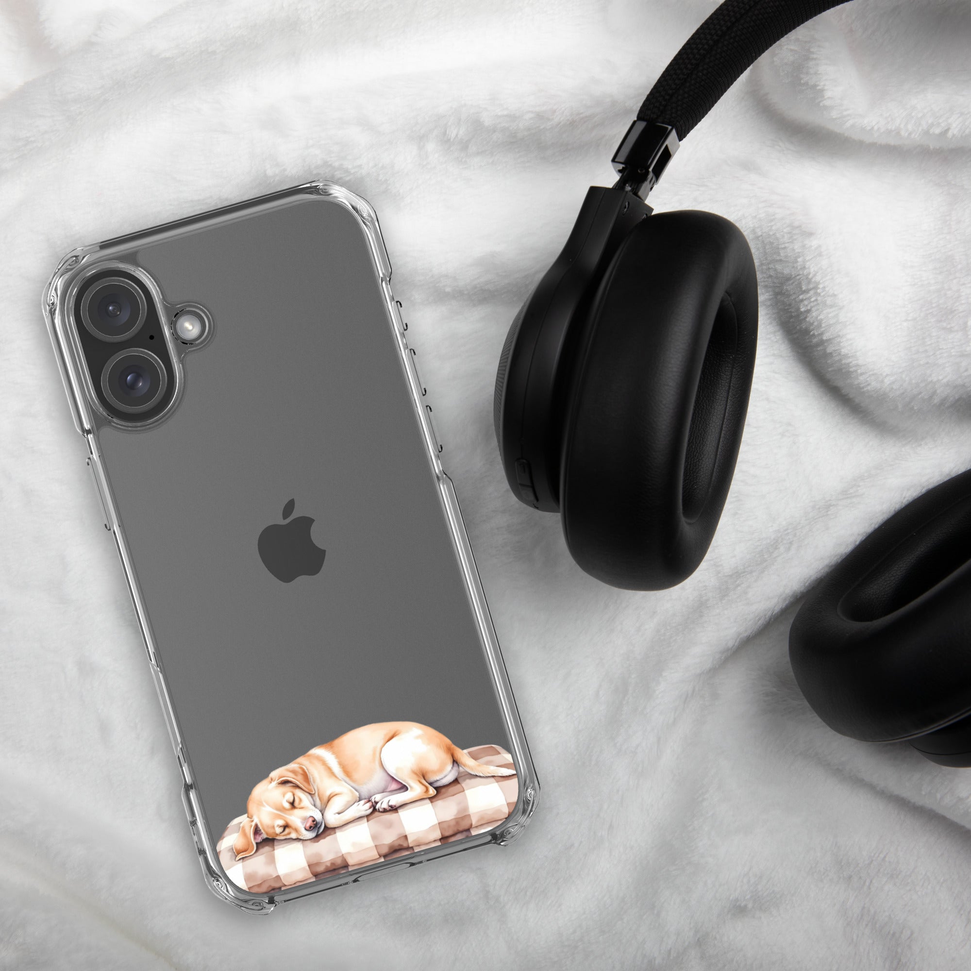 Sleepy Dog on Checkered Blanket Clear Case for iPhone 16 Plus - Cute Cozy Puppy Illustration Protective Cover