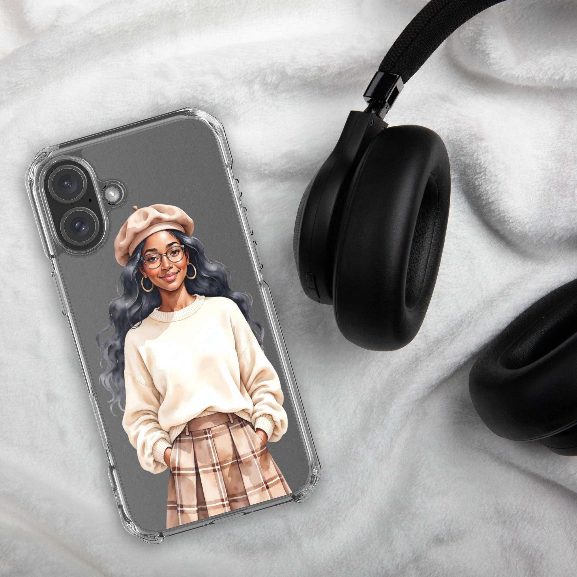 Cozy Plaid Autumn Girl Clear Case for iPhone 16 Plus - Fashion Illustration Protective Cover