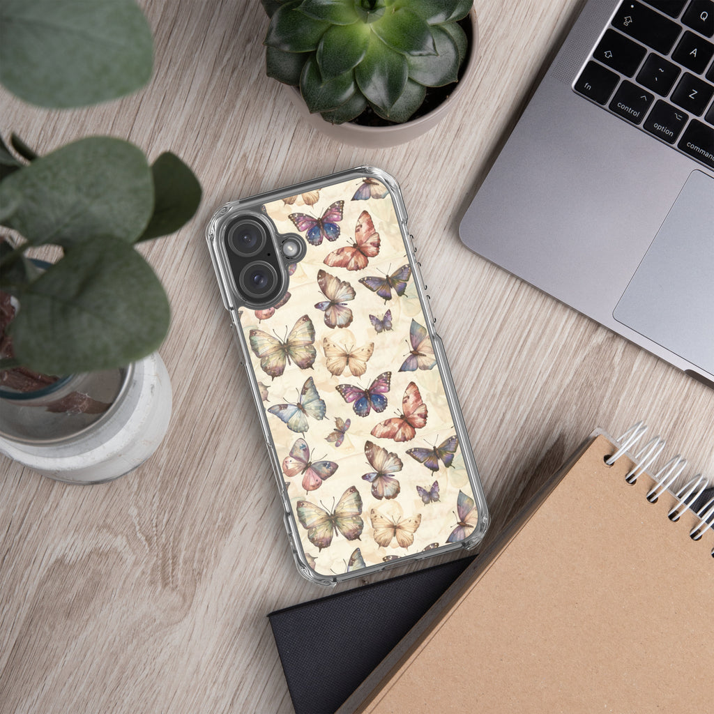 Butterfly Garden Clear Case for iPhone 16 Plus - Elegant Pastel Butterfly Protective Cover