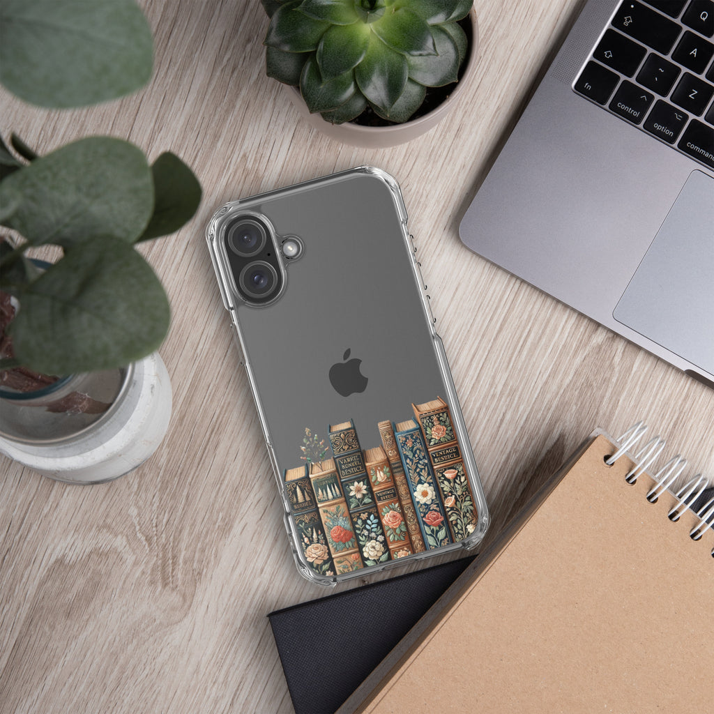 Vintage Floral Bookshelf Clear Case for iPhone 16 Plus