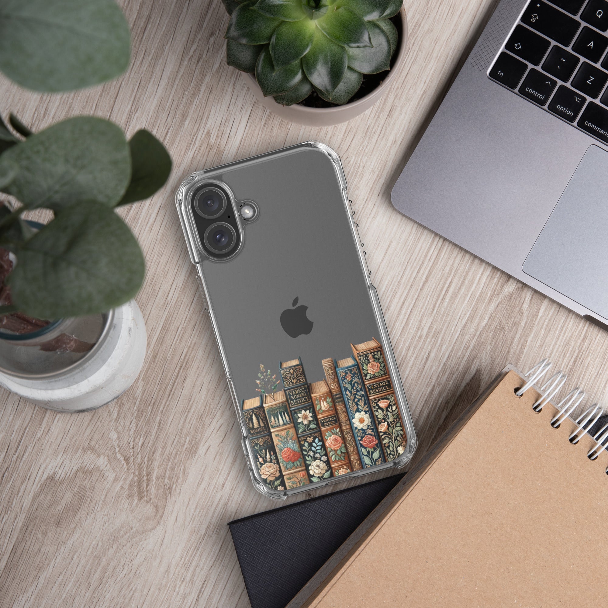 Vintage Floral Bookshelf Clear Case for iPhone 16 Plus