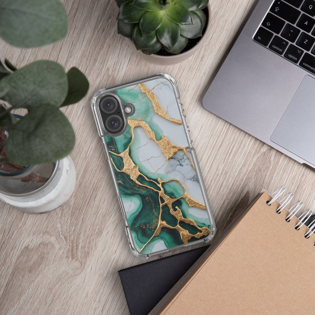 Emerald Golden Marble Flow Clear Case for iPhone 16 Plus